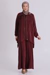 Büyük Beden Tesettür Cupro Üçlü Pantolonlu Takım 70021 Yakut