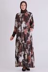 Büyük Beden Tesettür Desenli Elbise 75011 Kahve-Bordo